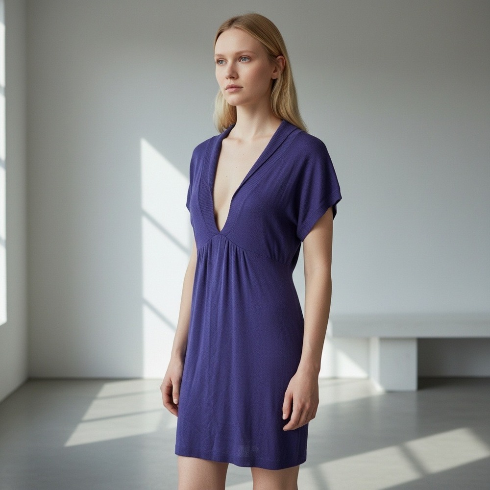 Tulle V Neck Dolman Sleeve Empire Waist Knit Mini Dress Purple Modal Blend Sz M
